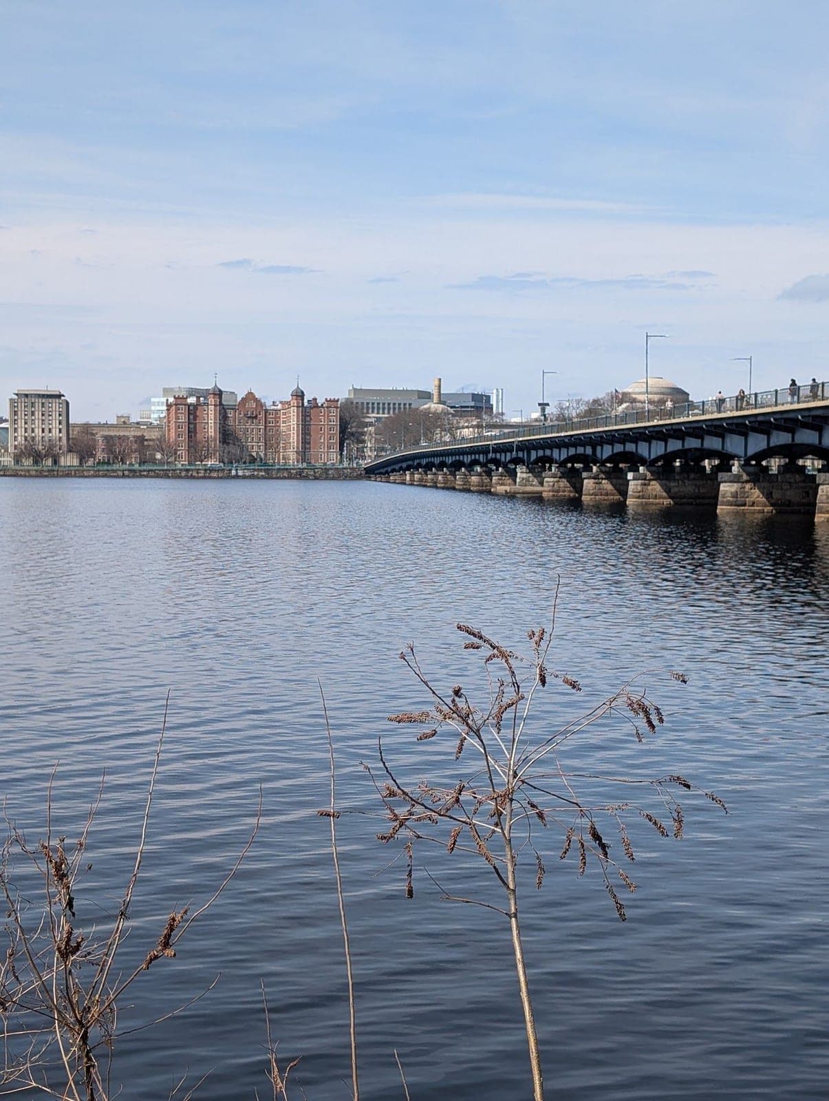The Charles River on a clear day, a long stone bridge running across to brick buildings and a dome on the far bank.