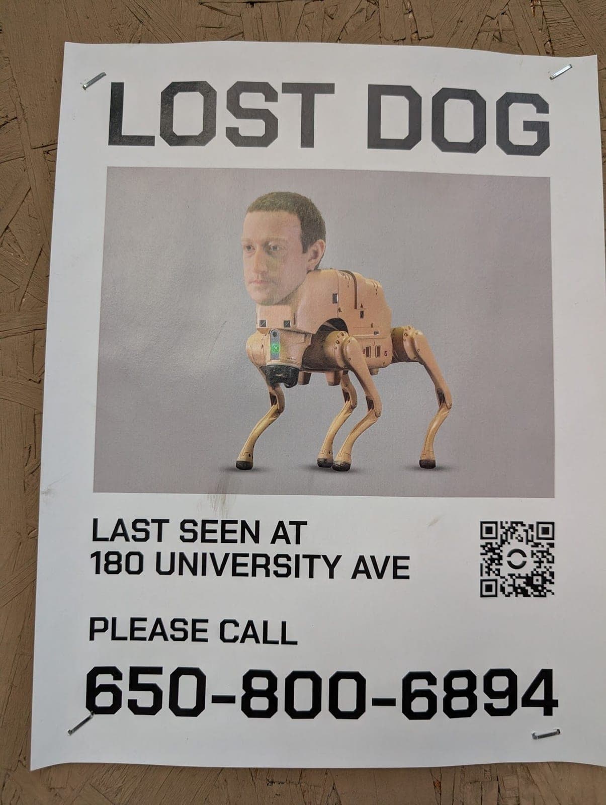 A "Lost Dog" poster showing a robot dog with a human head, last seen at 180 University Ave.