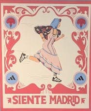 A poster of a girl in a pink dress running, with carnations in the corners, reading "Siente Madrid".